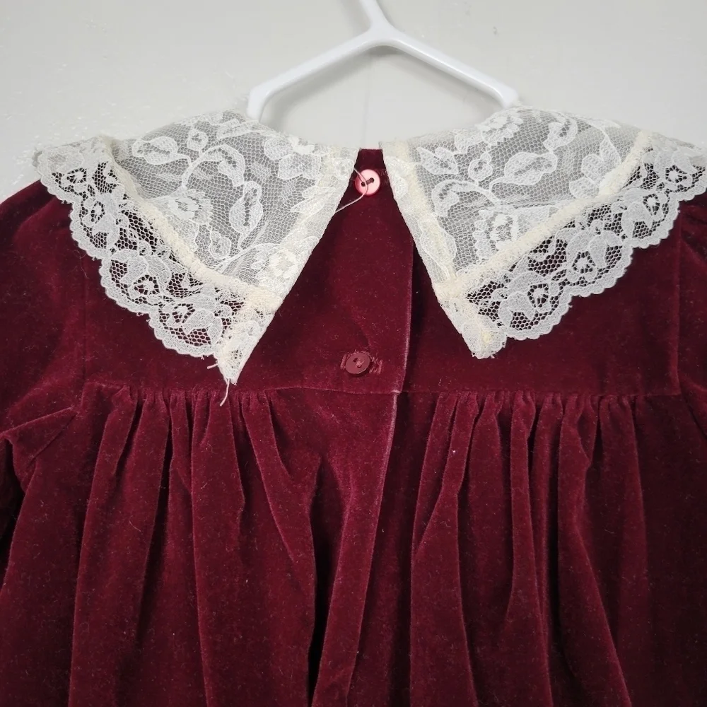 Jolene Vintage Burgundy Velvet One Piece Outfit Hat Set White Lace Baby Girl 12